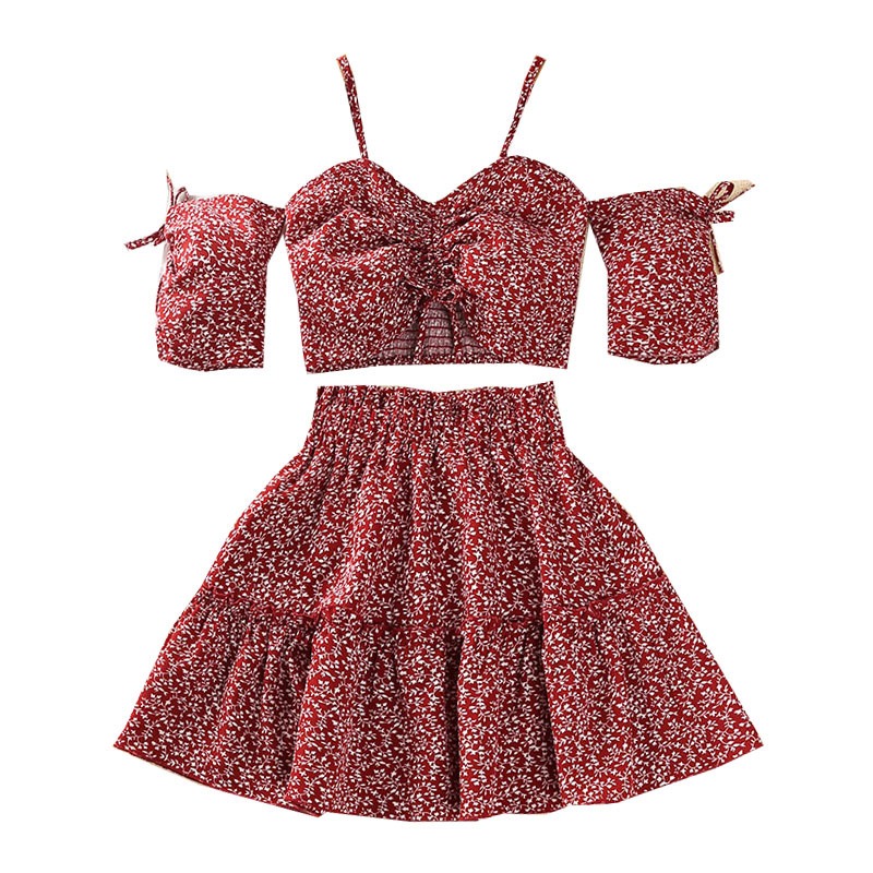 Xi 'an Bethany E-Commerce Co., Ltd. 2024 Girls Clothes summer printed dot sets Children's clothes new girls off shoulder top dress two-piece set