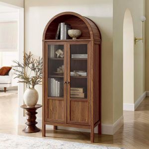 Mid-Century Farmhouse Walnut High Arched Sideboard 4 Tier Adjustable Shelf Storage Display Cabinet with Glass Doors