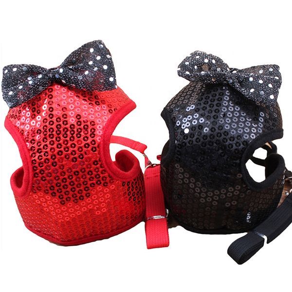 Hot Selling Pet Harness Set with Leash Vest Popular Shine Bling Sequins Cat Bow Ties for Girl Dogs Made of Sustainable Polyester