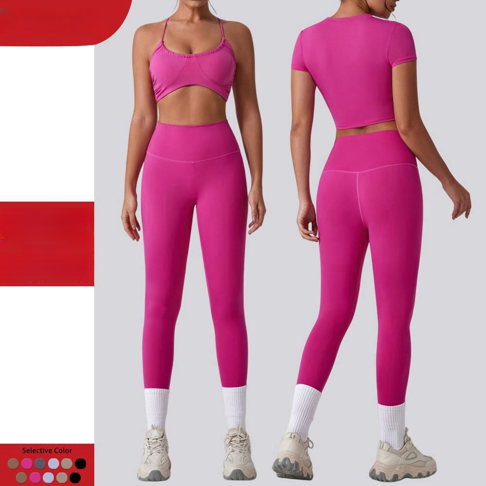 New Women Sports Bra Workout Suits Push Up Sports Leggings Gym Fitness Sets Nude Feeling Round Collar Yoga Tops Athletic Wear