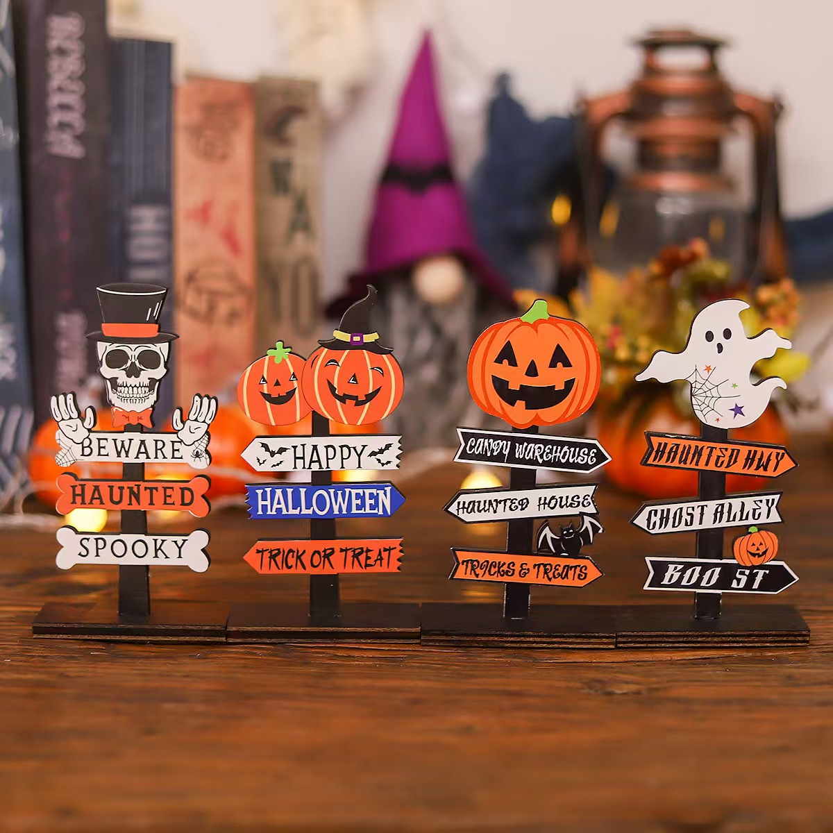 Shenzhen Hongjingding Electronics Co., Ltd. Halloween Themed Wooden Decoration Pumpkin Ghost Letter Print Design Desktop Ornament Decorative For Home Living Bed Room