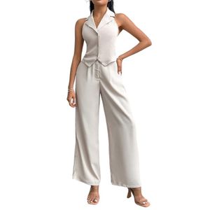 Women Solidy Notched Lapel Singredbreasted Suit Vest and Wide Leg Suit Pants Set Polyester Woven Short 100% Polyester Tank