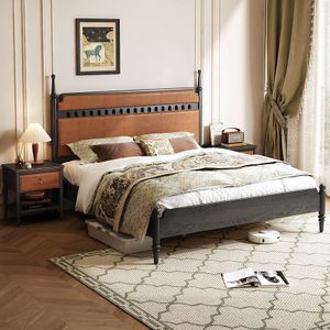 Solid Teak Oak Bed Frame Durable Metal Modern Rustic Design King Double Sizes Simple Panel Bunk Beds Bedroom Living Room Home
