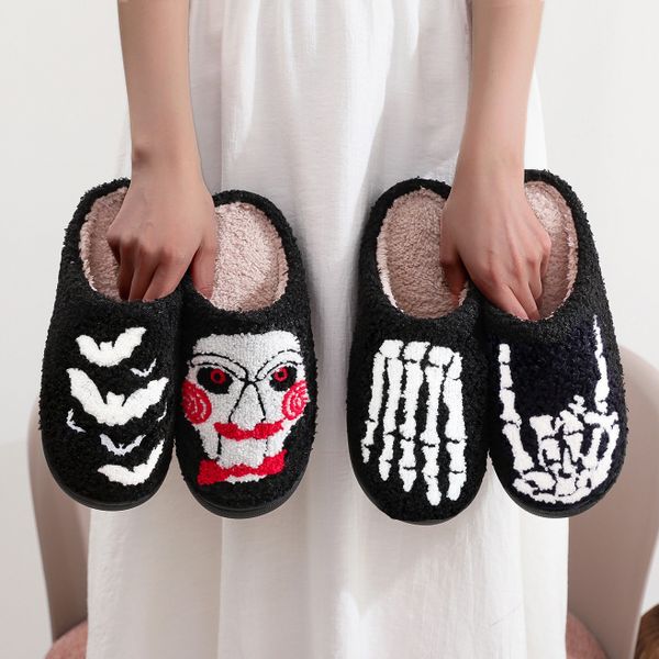 Autumn Women's Happy Smile Face Printed Indoor Halloween Slippers Fuzzy Pink Pumpkin Skull TPR Plush Light Weight Warm Shoes