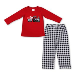 Heart embroidery print red long sleeves shirt match black and white plaids pants kids pajamas boys boutique clothes
