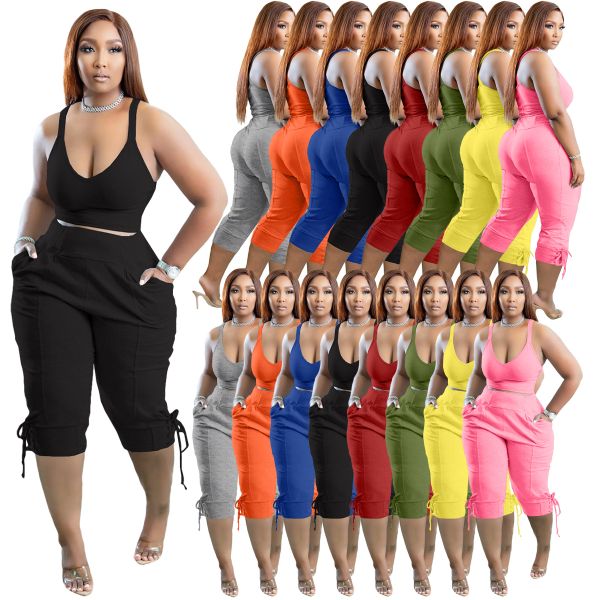 Womens Sets Plus Size S-3XL Solid Cropped Pants 2 Piece Sets Women Clothing Fashion Sports Summer Two Piece Short Set