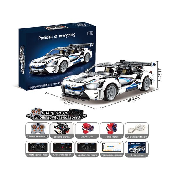 K86112 1:10 Rc Track Sports Car Bricks Toy Set I8s Blocks Kit 2110PCS Model Building Block Sport Car For kid Christmas Gift