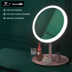 Desktop round cosmetic mirror can store cosmetics LED three-color light plastic material rechargeable