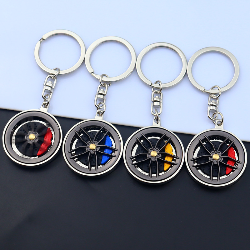 Custom Logo Metal Car Wheel Rotating Keychain Creative Turntable Keyring Pendant Red Blue Yellow Caliper Brake Plate Key Holder