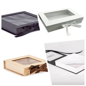 Custom Logo Flip Top PVC Window Folding Boxes Rigid Cardboard Magnetic Packaging Gift Box With Ribbon
