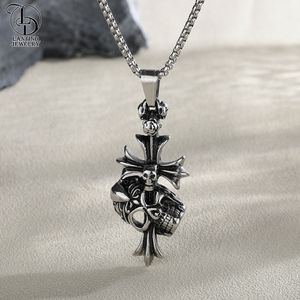 Retro Gothicr Skull Head Cross Hiphop Men Punk Goth Skeleton Head Stainless Steel Pendant Fashion Jewelry Men Necklace