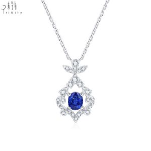 Gemstone Jewelry 18K White Gold Real Natural Diamond Blue Sapphire Pendant Necklace For Women