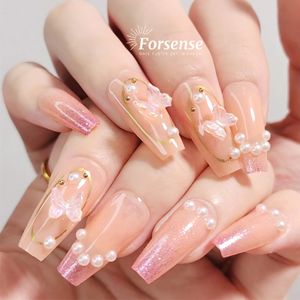 wholesale custom press on nails with charms pearl private label luxury false nails butterfly decoration medium coffin fake nails