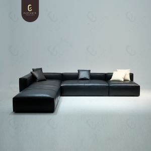 Italian High End Living Room Furniture Villa L Shaped Modular Leather Sofa Set Modern Black Luxury Sectional Sofa