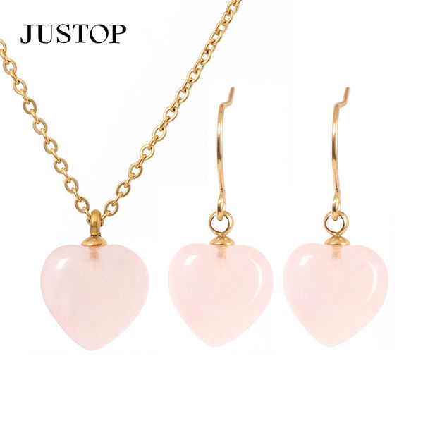 Heart Gemstone Jewelry Earrings Necklace Set Gold Plated Stainless steel Natural Gemstone Healing Crystals Jewelry Set for Women