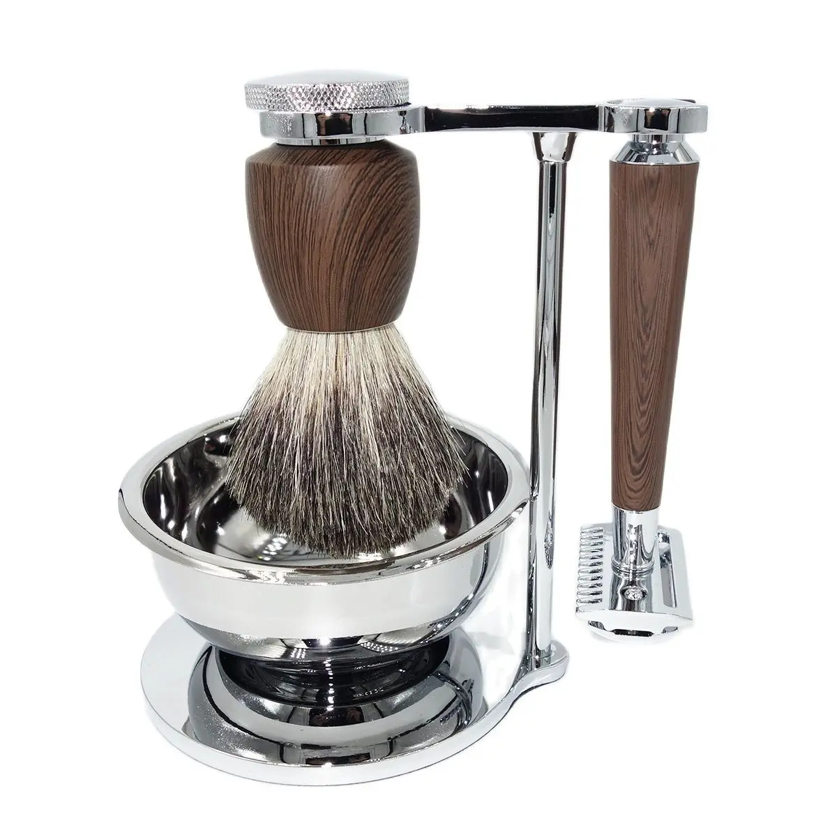 Traders collection New Mens Beard Shaving Kit with Double Edge Body Razor Wet Honey Badger Hair Brush Gift Set for Father Husband