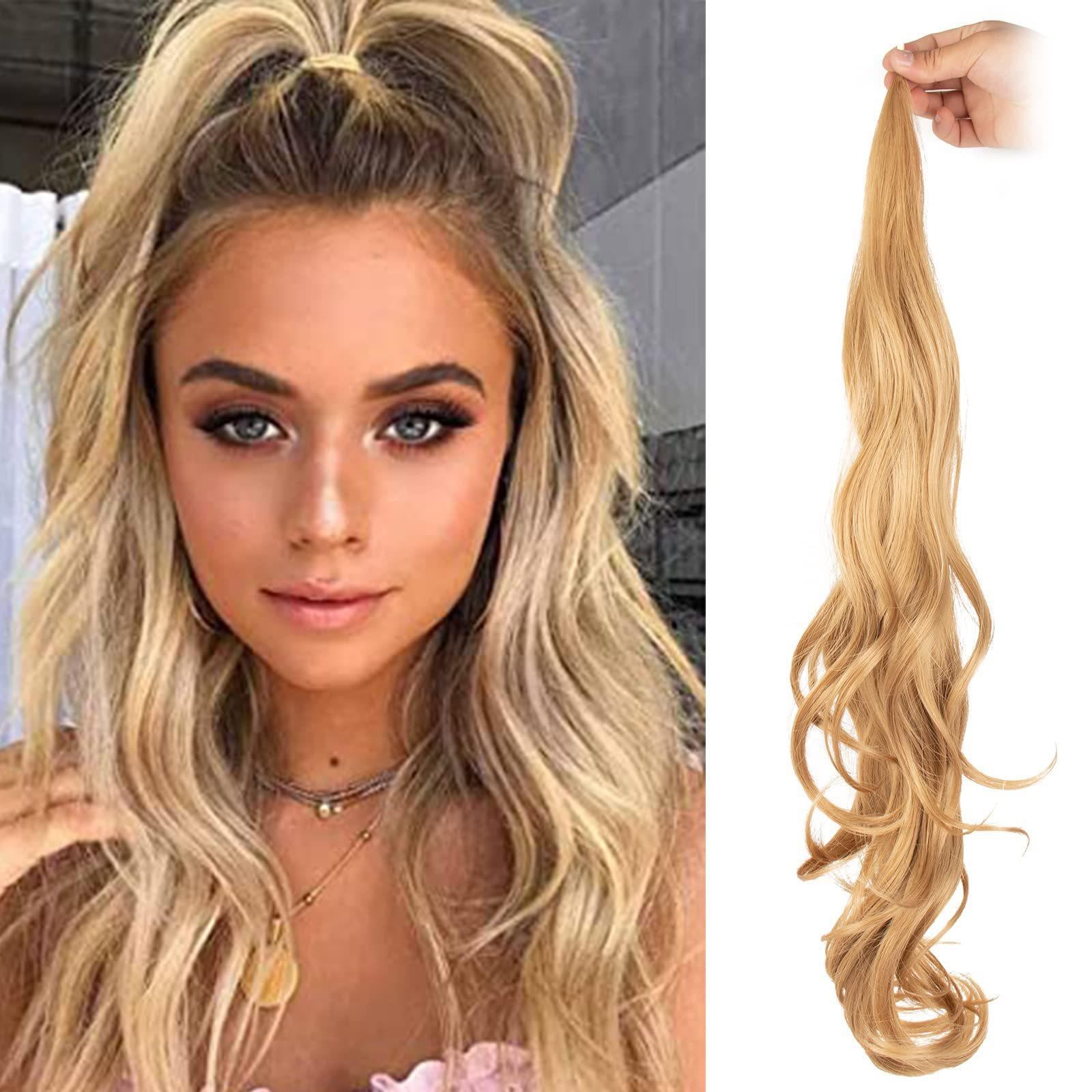 Changge City Linqing Hair Products Factory 32 Inch Synthetic Hair piece Long Blonde Ponytail Extension Flexible Wrap Around Pony Tails Hair Extension Hair Ponytail