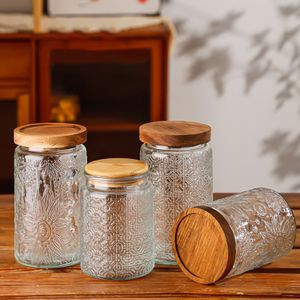 500ml 700ml 1000ml Airtight Empty Clear Large Glass Jar Canister Food Storage Container Glass Food Jar With Wood Lids
