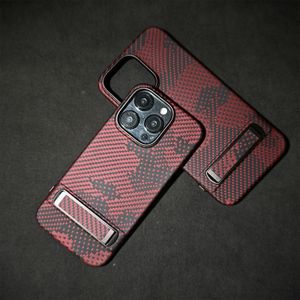 Newest luxury kevlar red camouflage pattern mobile phone case cover for iPhone 14 15 series with metal holder