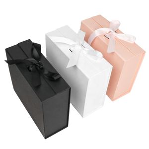 Low MOQ blank stock 2mm rigid cardboard folding magnetic gift packaging box with ribbon customized matte coated paper boxes