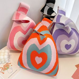 Hot Selling Lady Girls Cute Candy Color Knitted Handbags Korean Style Useable Women Shopping Walker Tote Foldable Knitting Bags