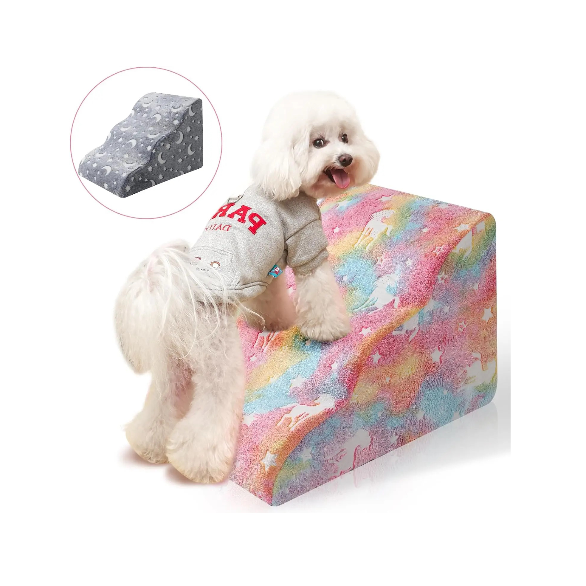 Glow in the Dark Rainbow Pink Color 4 Steps Dog Foam Ramp Stairs for Small Dogs with Stairs