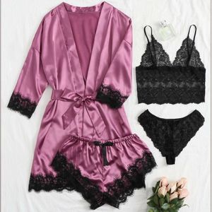 2024 Wholesale Long Sleeve Silk 4 Piece Satin Sleepwear Pajamas Sets For Women Sexy Sleepwear for Female