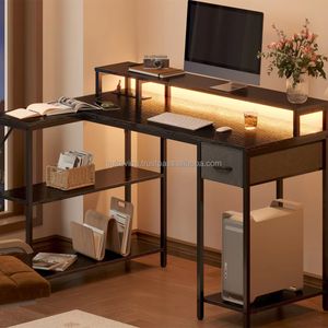 Modern L-Shaped Gaming Desk with LED Lights and Power Outlets Office Furniture with Metal Design Style
