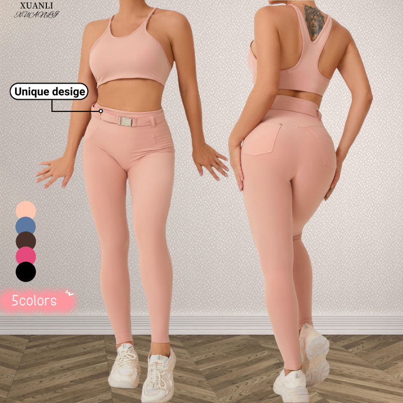 Yiwu Xuanli Clothing Co., Ltd. 60420 893 Denim Pocket Tight Yoga Set Adjustable Waist Circumference Fitness Wear Including Belt Two-piece Sports Lady