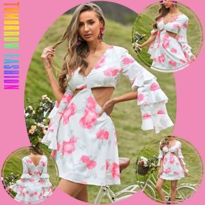 Factory Custom Wholesale Summer Women Clothing Dress Casual Mini Dress Women Sexy Lady Elegant Clothes Women Dress with Floral Cutout Layered Split Sleeve