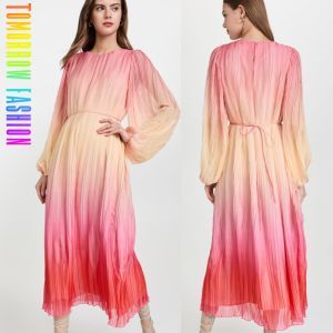 Women Clothing OEM Factory Customized Fancy Long Colorful Maxi Dress for Elegant Summer Ladies Pleated Long Sleeve Dress