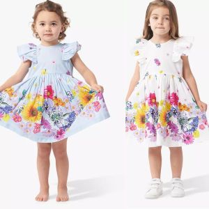 Manufacturer China Apparel Good Quality Children Girls Kids Summer Clothes Floral Border Print Frill Sleeves Baby Dresses