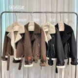 Faux Leather Bomber Jacket Cropped Real Fur Turn Down Collar Lamb Wool Coats for Woman Trendy
