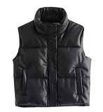 Women′ S Quilted Faux Leather Down Vest Zip Collar Sleeveless Padded Shiny Puffer Jacket Down Vest