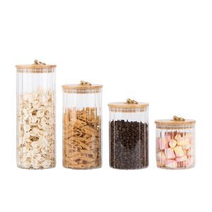 High Borosilicate Glass Jar with Bamboo Wood Lid Metal Ring on Lid Embossed Stripe Design for Cookie Coffee Nuts