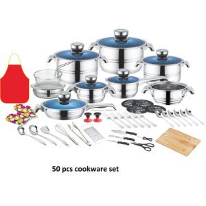 50PCS Stainless Steel Casserole Fry Pan Pots Manufacturer Kitchen Cooking Pot Saucepan Cookware Set with Blue Glass Lid for African & South American Market