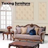 Classical Fabric Sofa with Antique Wood Frame for Living Room