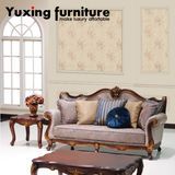 Classical Fabric Sofa with Antique Wood Frame for Living Room