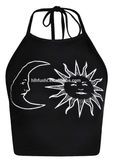 Sun & Moon Print Halter Tie Crop Top Women