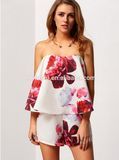 White Strapless Wholesale Playsuit Floral Print off-Shoulder Sleeveless Romper Womens Playsuit