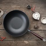 Wok Pan Cast Iron Wok with Wooden Handle