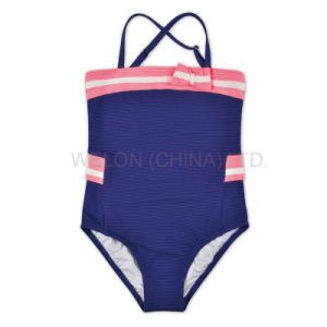 Girl′s Contrast Color One-Piece Swimwear with Bow