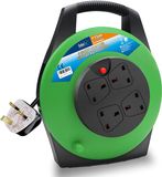 13A Electrical Extension Reel, 4 Sockets Cable Reel with Winding Handle 1100W/3120W Thermal Cut out, Heavy-Duty Extension Lead with 15 Metre Extension Cord