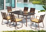 Foshan Shunde Yiming Furniture Co., Ltd New Design Ohio French Style Artificial Wicker Restaurant Dining Table and Teak Arm Chairs Kd Furniture