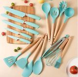 19PCS/Set of Silica Gel Kitchen Utensil Set with Wooden Handle and Cuttings Board Storage Bucket Kitchen Gadget Set
