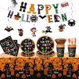 Halloween Party Tableware Set Ghost Banner Paper Cup Paper Plate Paper Napkin Tablecloth Set Halloween Party Decorations. Stock or Customize Both Available.