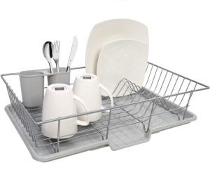 Kitchen Accessories Gray Dish Rack Stainless Steel Drainer Plates Storage