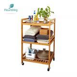 3 Tiers Wholesale Household Cheap Bamboo Wood Kitchen Vegetable Trolley Cart Bathroom Shelf with Wheels