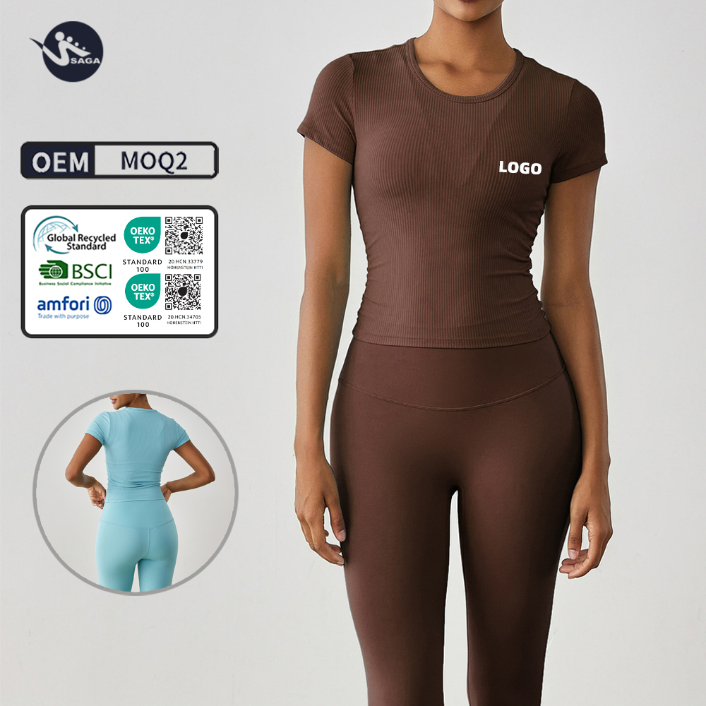 Top Quality Women Ribbed Fabric Pullover Sweatshirt Crop Top Yoga Tight Shirt