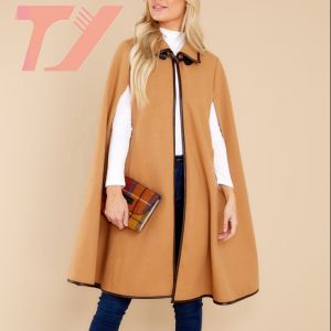 Women′s Mock Neck Button Down Poncho Cape Woolen Pea Coat Cloak